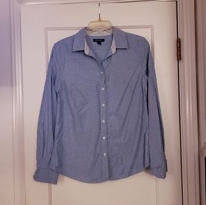 Lands' End light blue, navy dot button up shirt